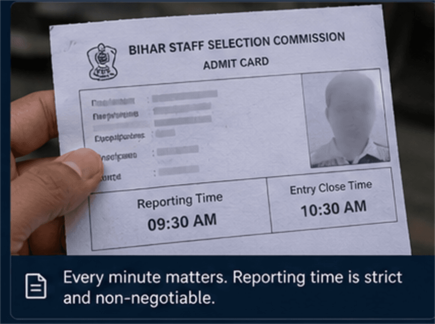 Admit card close-up showing reporting and entry timing pressure