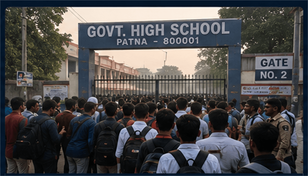 Crowded exam-centre gate in Patna on exam morning