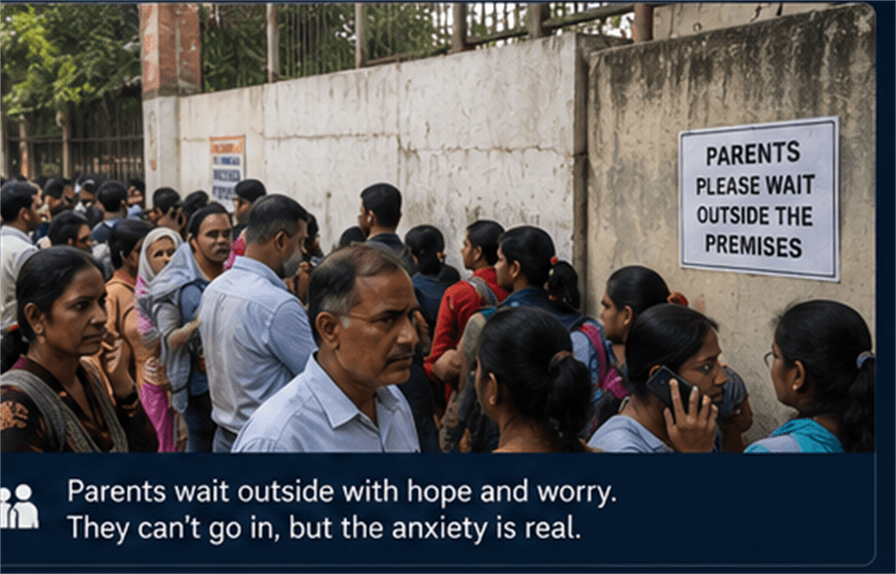 Parents waiting outside exam centre with anxiety